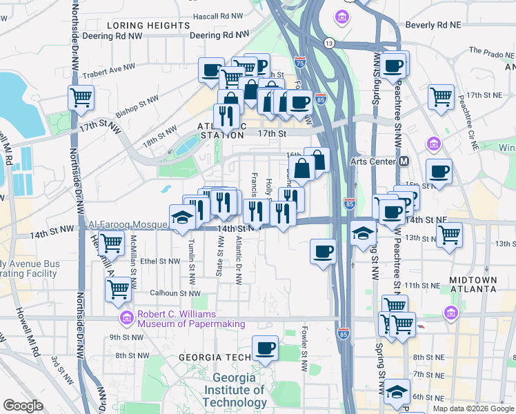 map of restaurants, bars, coffee shops, grocery stores, and more near 1196 Holly Street Northwest in Atlanta