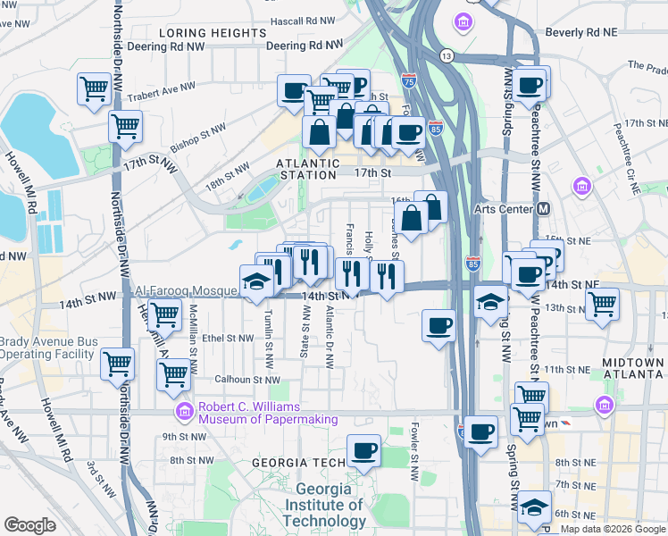 map of restaurants, bars, coffee shops, grocery stores, and more near 1195 Atlantic Drive in Atlanta