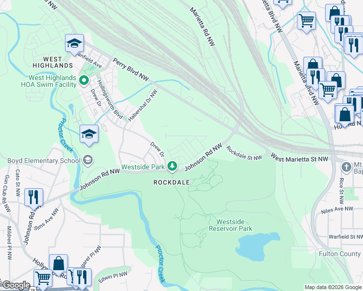 map of restaurants, bars, coffee shops, grocery stores, and more near 1615 Johnson Road Northwest in Atlanta