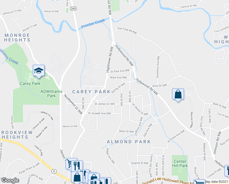 map of restaurants, bars, coffee shops, grocery stores, and more near 2490 Spring Street Northwest in Atlanta