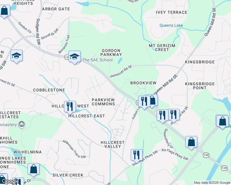 map of restaurants, bars, coffee shops, grocery stores, and more near 203 Gallant Lane Southeast in Mableton