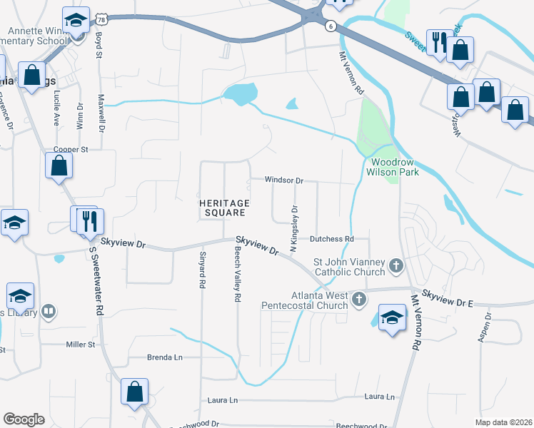 map of restaurants, bars, coffee shops, grocery stores, and more near 647 Princess Circle in Lithia Springs