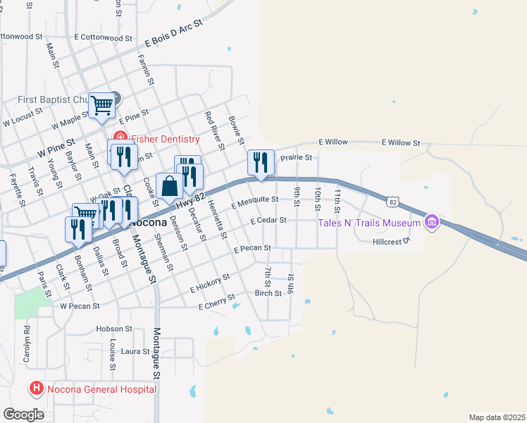 map of restaurants, bars, coffee shops, grocery stores, and more near 207 7th Street in Nocona