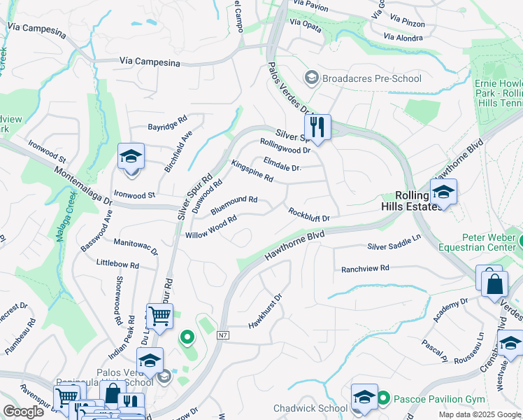 map of restaurants, bars, coffee shops, grocery stores, and more near 5123 Willow Wood Road in Rolling Hills Estates