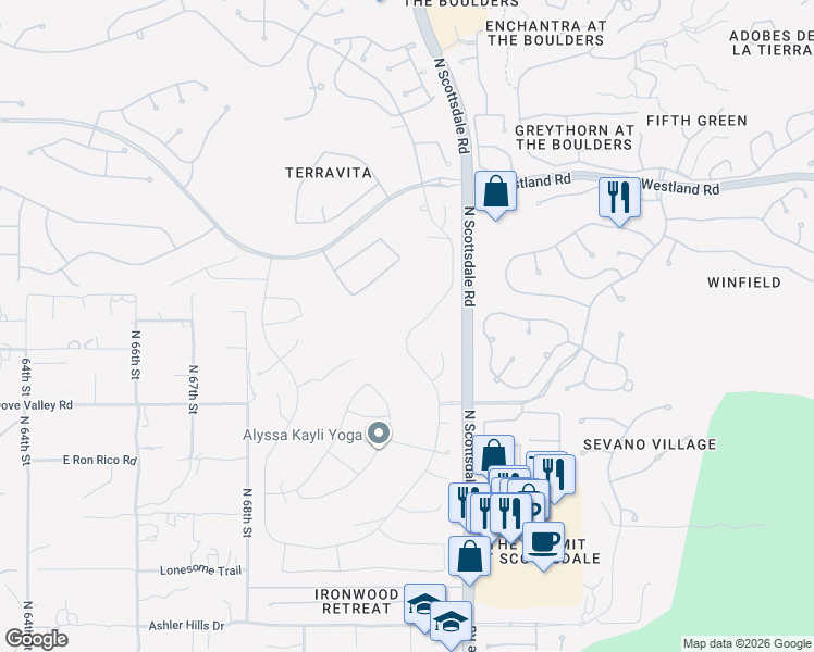 map of restaurants, bars, coffee shops, grocery stores, and more near 33268 North 71st Street in Scottsdale