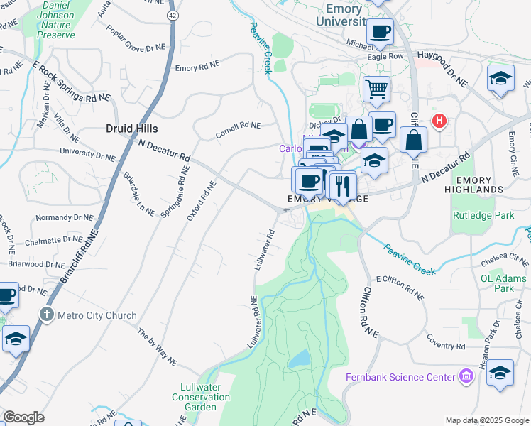 map of restaurants, bars, coffee shops, grocery stores, and more near 1485 North Decatur Road in Atlanta