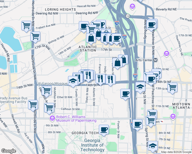 map of restaurants, bars, coffee shops, grocery stores, and more near 1195 Atlantic Drive in Atlanta