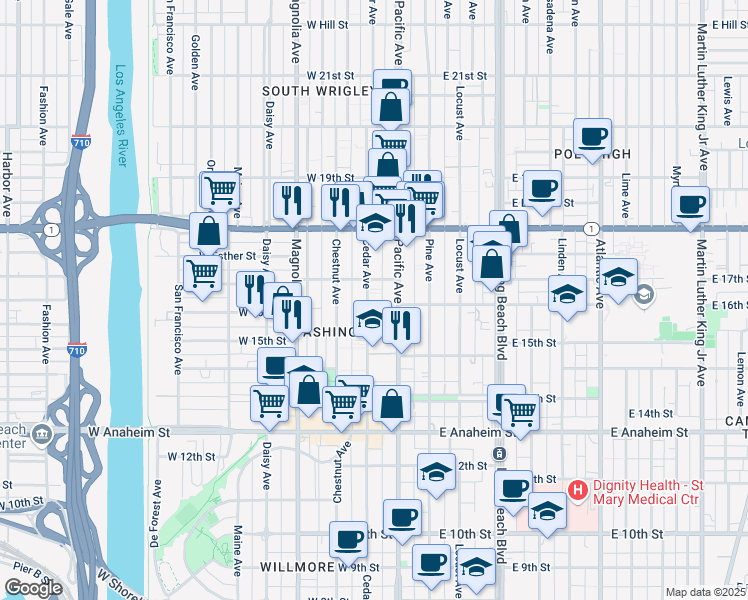 map of restaurants, bars, coffee shops, grocery stores, and more near 1602 Cedar Avenue in Long Beach