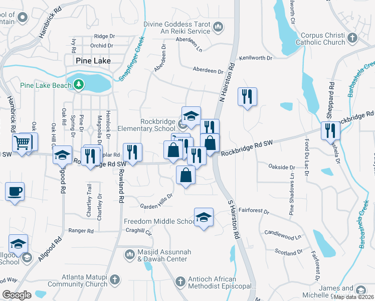 map of restaurants, bars, coffee shops, grocery stores, and more near 4790 Rockbridge Road Southwest in Stone Mountain