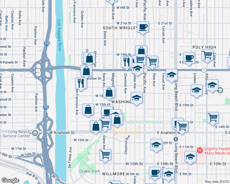 map of restaurants, bars, coffee shops, grocery stores, and more near 500 West 17th Street in Long Beach