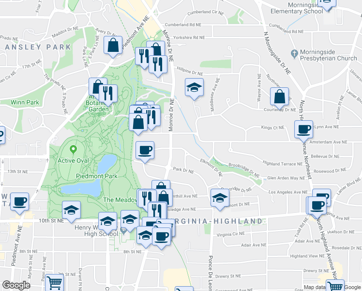 map of restaurants, bars, coffee shops, grocery stores, and more near 630 Orme Circle Northeast in Atlanta