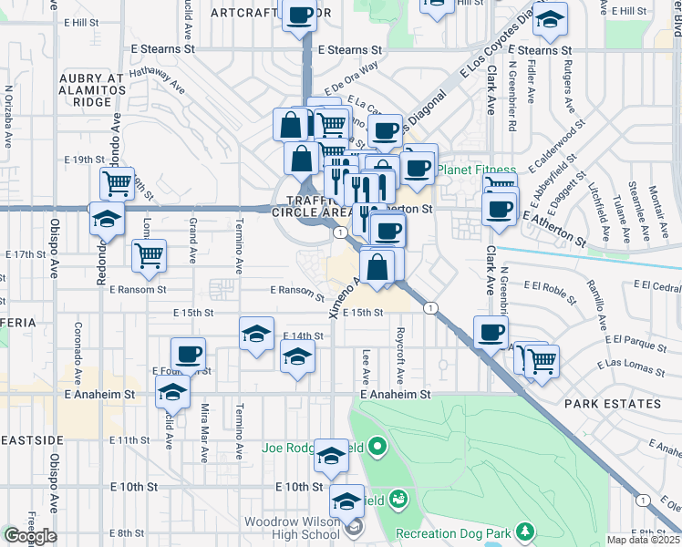 map of restaurants, bars, coffee shops, grocery stores, and more near 1619 Ximeno Avenue in Long Beach