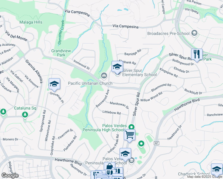 map of restaurants, bars, coffee shops, grocery stores, and more near 5530 Montemalaga Drive in Rancho Palos Verdes
