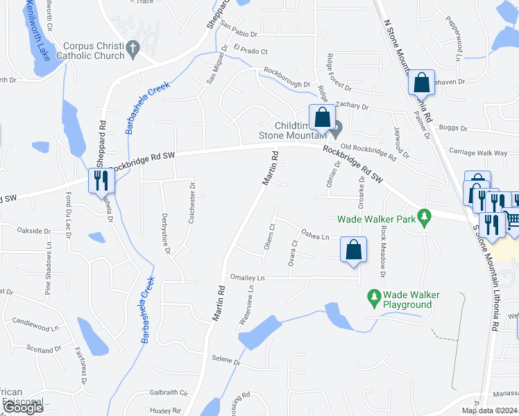 map of restaurants, bars, coffee shops, grocery stores, and more near 392 Martin Road in Stone Mountain