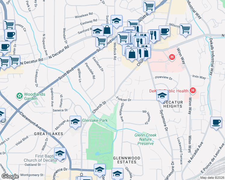 map of restaurants, bars, coffee shops, grocery stores, and more near 320 Eastland Drive in Decatur