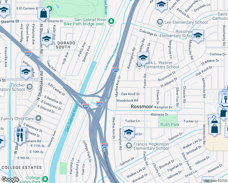 map of restaurants, bars, coffee shops, grocery stores, and more near 12081 Martha Ann Drive in Los Alamitos