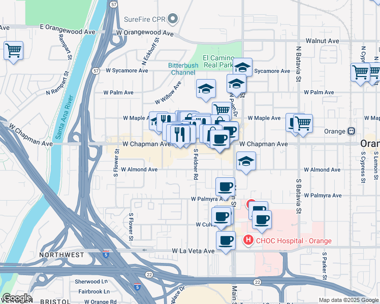 map of restaurants, bars, coffee shops, grocery stores, and more near 1714 West Chapman Avenue in Orange