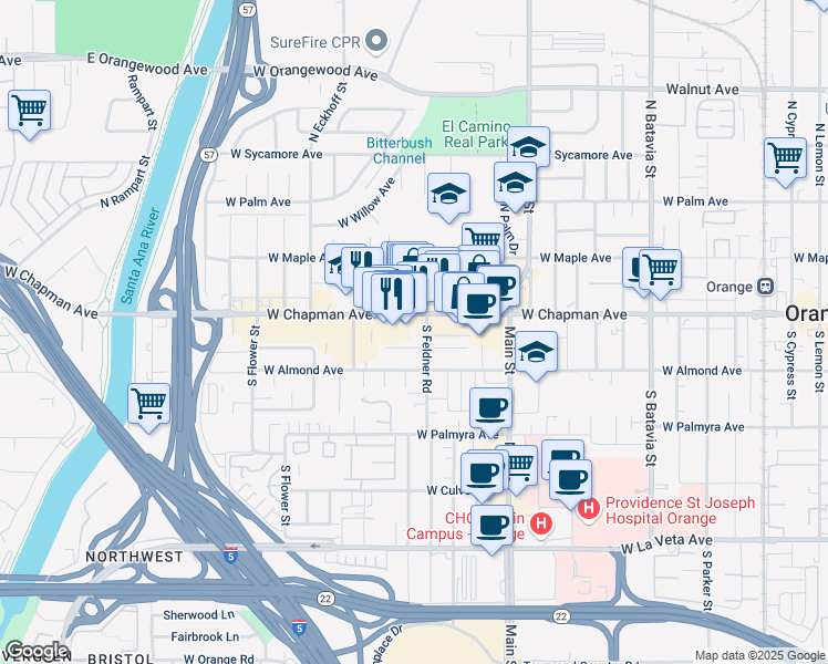 map of restaurants, bars, coffee shops, grocery stores, and more near 1714 West Chapman Avenue in Orange
