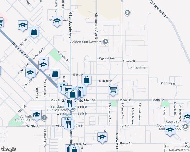 map of restaurants, bars, coffee shops, grocery stores, and more near 106 South Alessandro Avenue in San Jacinto