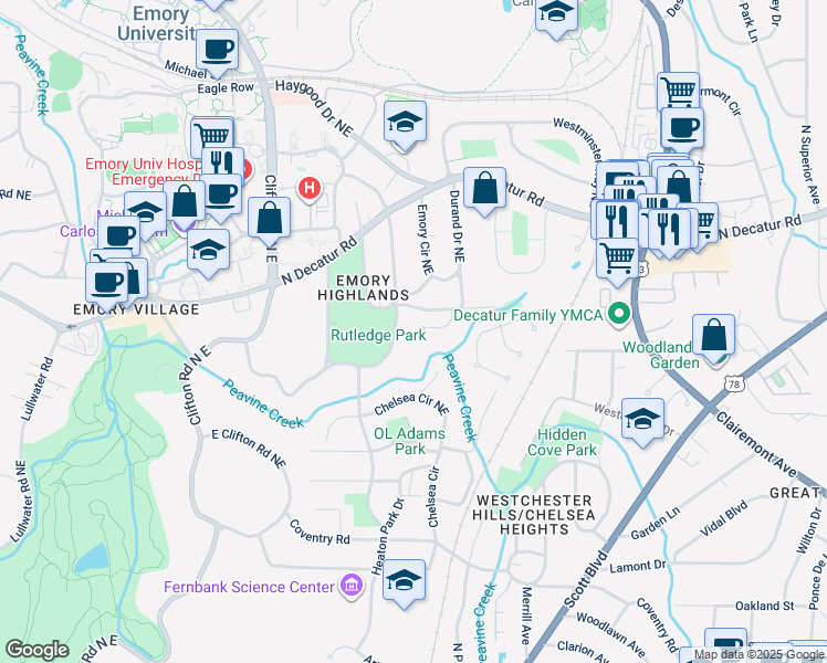 map of restaurants, bars, coffee shops, grocery stores, and more near 389 Mill Creek Bend Northeast in Atlanta
