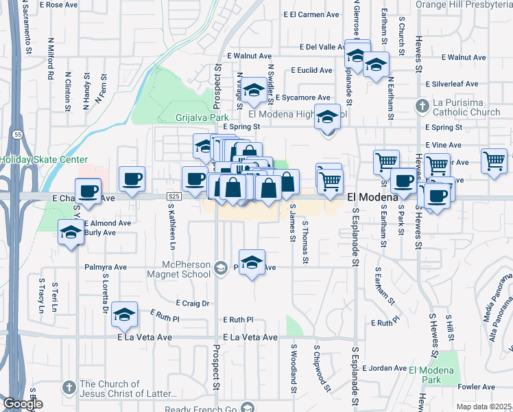 map of restaurants, bars, coffee shops, grocery stores, and more near 3510 East Chapman Avenue in Orange