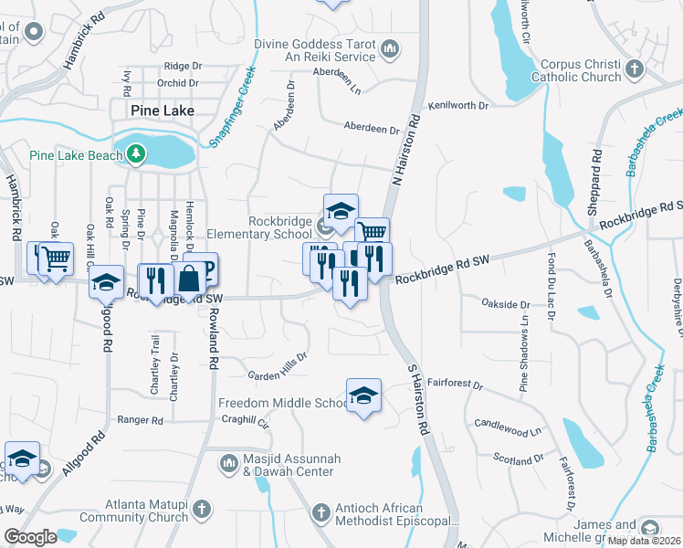map of restaurants, bars, coffee shops, grocery stores, and more near 4790 Rockbridge Road Southwest in Stone Mountain