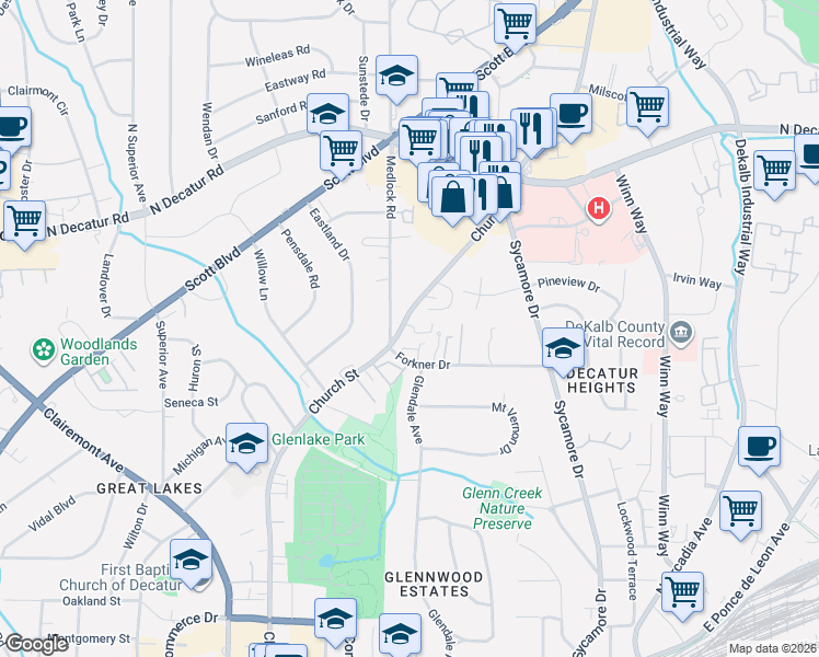 map of restaurants, bars, coffee shops, grocery stores, and more near 1335 Church Street in Decatur