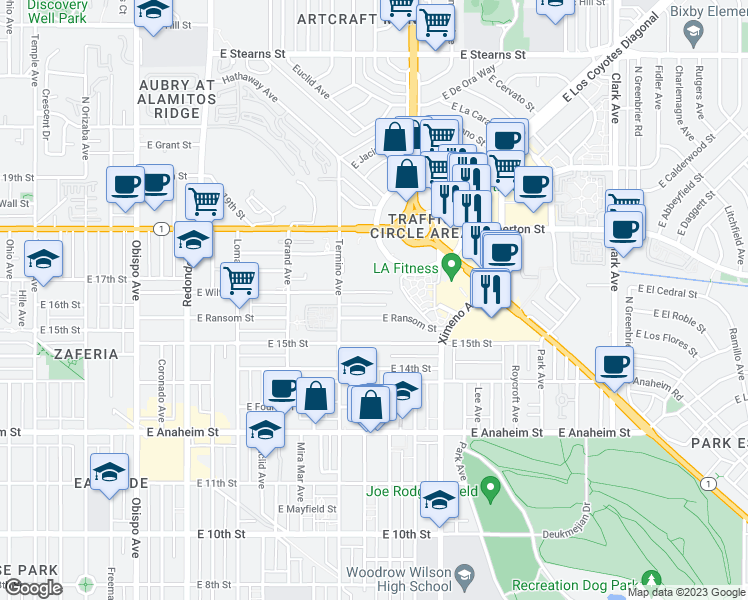 map of restaurants, bars, coffee shops, grocery stores, and more near 4118 East Wilton Street in Long Beach