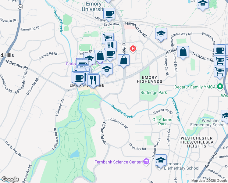map of restaurants, bars, coffee shops, grocery stores, and more near 1194 Clifton Road Northeast in Atlanta
