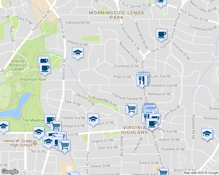 map of restaurants, bars, coffee shops, grocery stores, and more near 811 Amsterdam Avenue Northeast in Atlanta