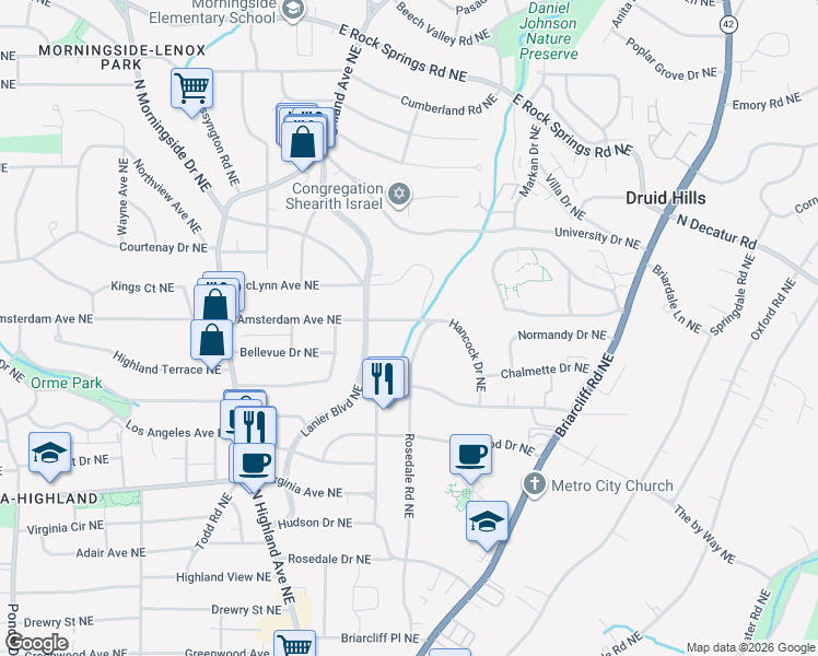 map of restaurants, bars, coffee shops, grocery stores, and more near 1183 Amsterdam Avenue Northeast in Atlanta