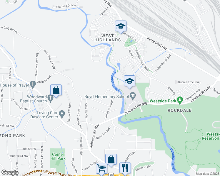 map of restaurants, bars, coffee shops, grocery stores, and more near 1977 Jones Avenue Northwest in Atlanta