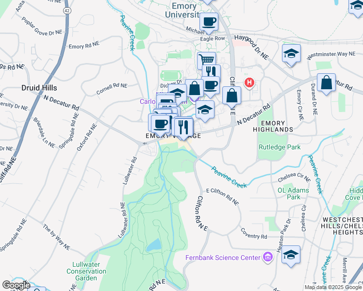 map of restaurants, bars, coffee shops, grocery stores, and more near 1439 Oxford Road Northeast in Atlanta