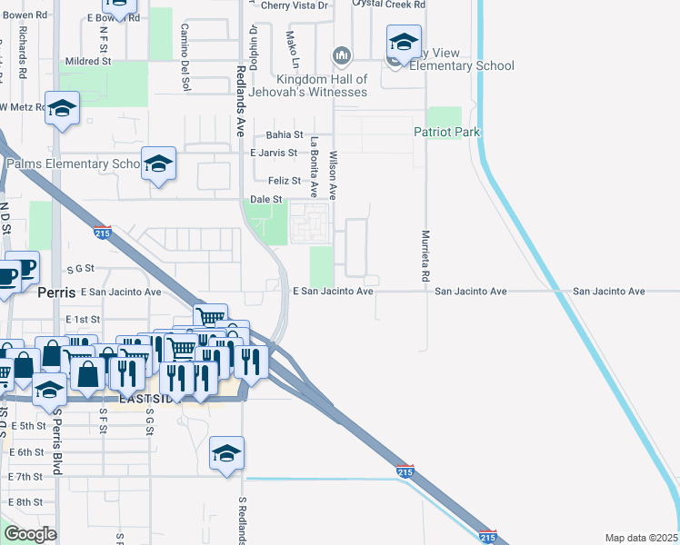 map of restaurants, bars, coffee shops, grocery stores, and more near 130 Daylily Drive in Perris