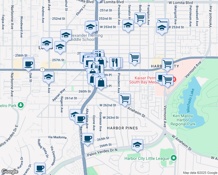 map of restaurants, bars, coffee shops, grocery stores, and more near 1664 259th Place in Los Angeles