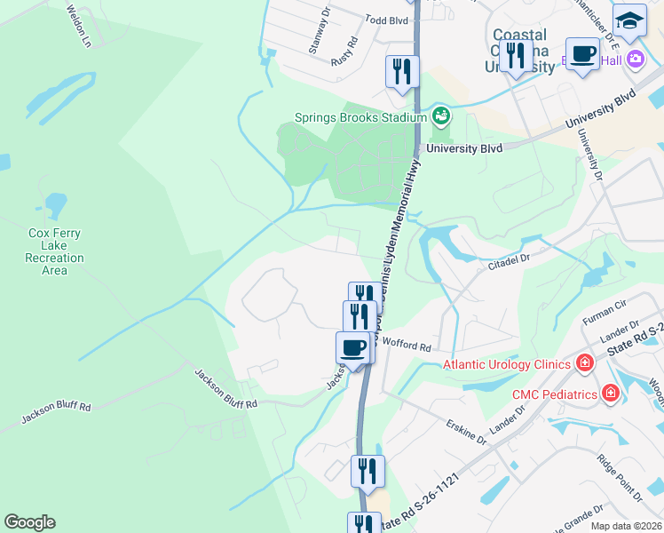 map of restaurants, bars, coffee shops, grocery stores, and more near 925 Buccaneers Cove in Conway
