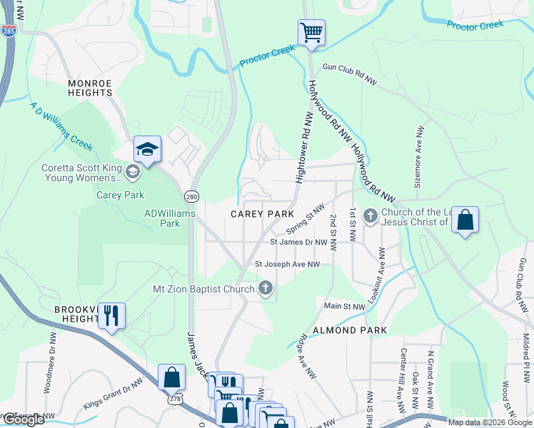 map of restaurants, bars, coffee shops, grocery stores, and more near 1185 6th Street Northwest in Atlanta