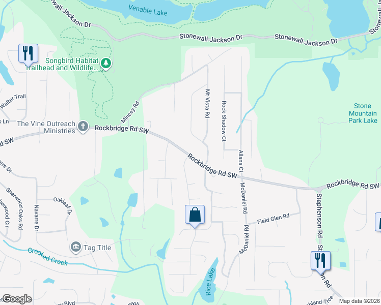 map of restaurants, bars, coffee shops, grocery stores, and more near 6270 Rockbridge Road Southwest in Stone Mountain