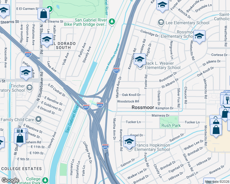 map of restaurants, bars, coffee shops, grocery stores, and more near 12081 Martha Ann Drive in Los Alamitos