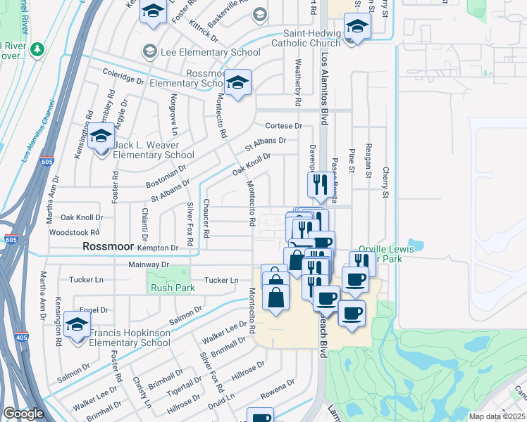 map of restaurants, bars, coffee shops, grocery stores, and more near 9 Bradbury Road in Rossmoor