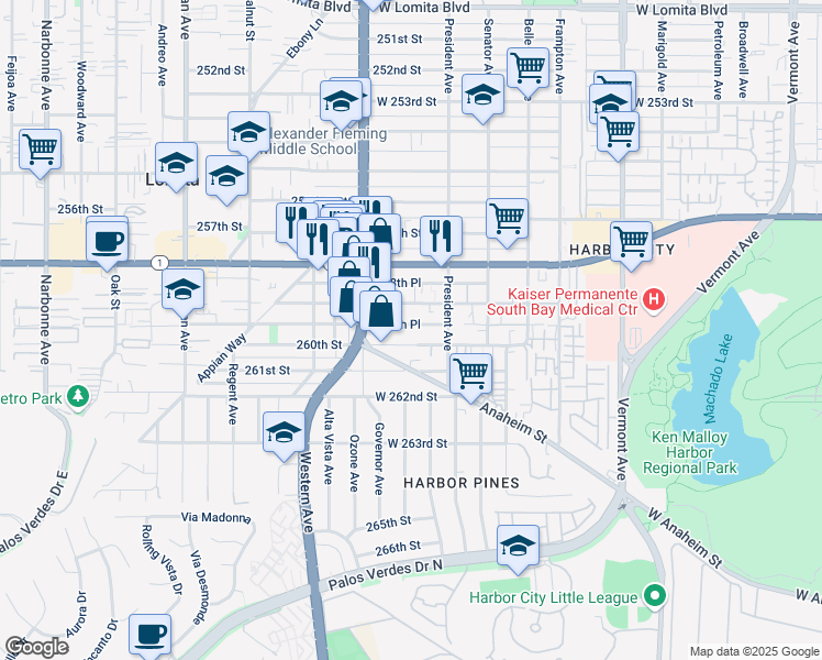 map of restaurants, bars, coffee shops, grocery stores, and more near 1664 259th Place in Los Angeles
