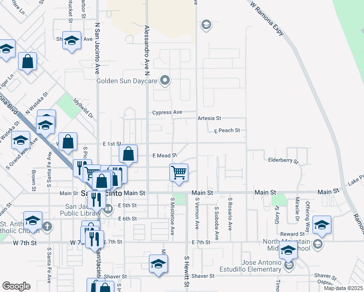 map of restaurants, bars, coffee shops, grocery stores, and more near 585 East Mead Street in San Jacinto