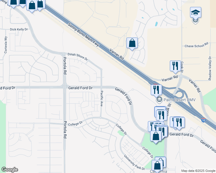 map of restaurants, bars, coffee shops, grocery stores, and more near 75032 Gerald Ford Drive in Palm Desert