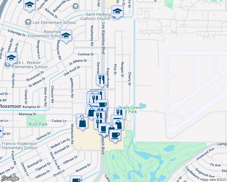 map of restaurants, bars, coffee shops, grocery stores, and more near 12081 Pine Street in Los Alamitos