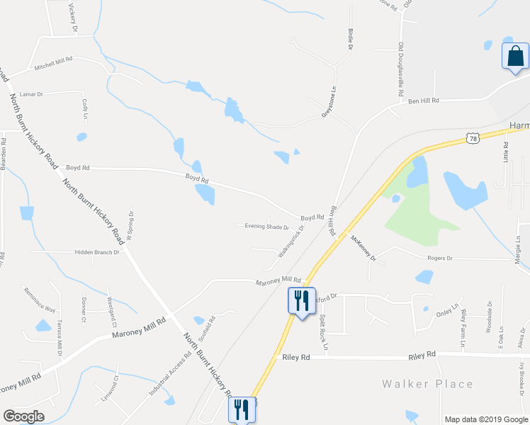 map of restaurants, bars, coffee shops, grocery stores, and more near 703 Buttonwood Court in Douglasville