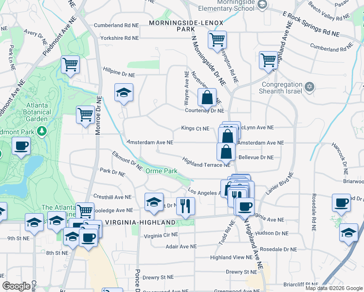 map of restaurants, bars, coffee shops, grocery stores, and more near 837 Amsterdam Avenue Northeast in Atlanta