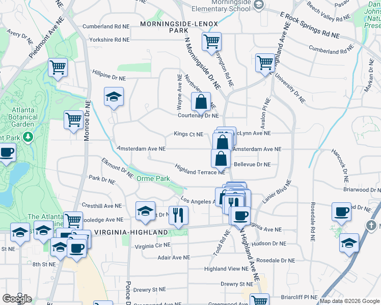 map of restaurants, bars, coffee shops, grocery stores, and more near 877 Amsterdam Avenue Northeast in Atlanta