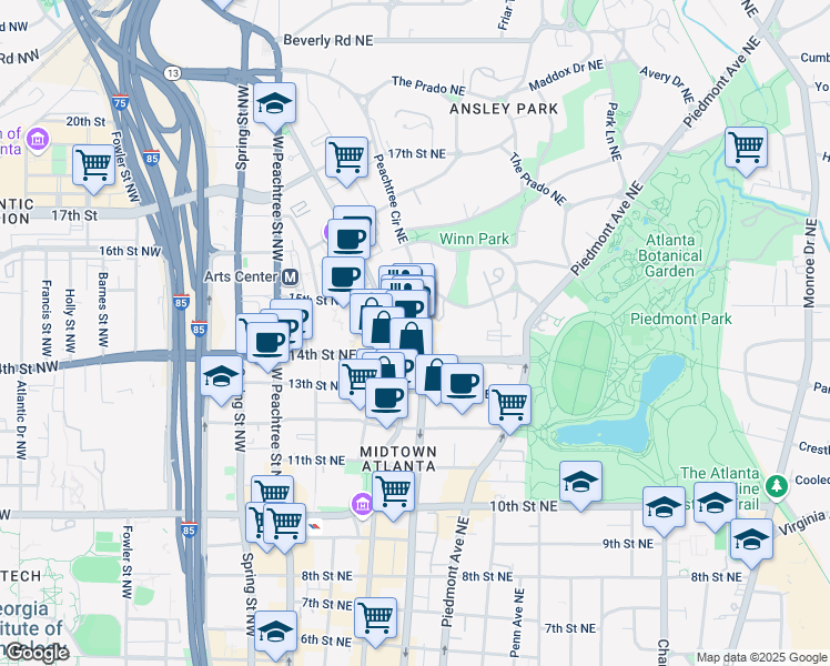 map of restaurants, bars, coffee shops, grocery stores, and more near 1197 Peachtree Street Northeast in Atlanta