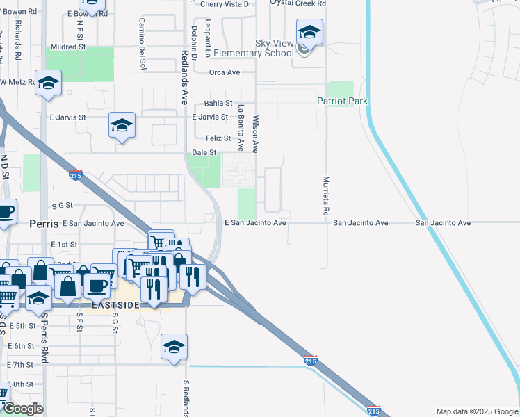 map of restaurants, bars, coffee shops, grocery stores, and more near 130 Daylily Drive in Perris