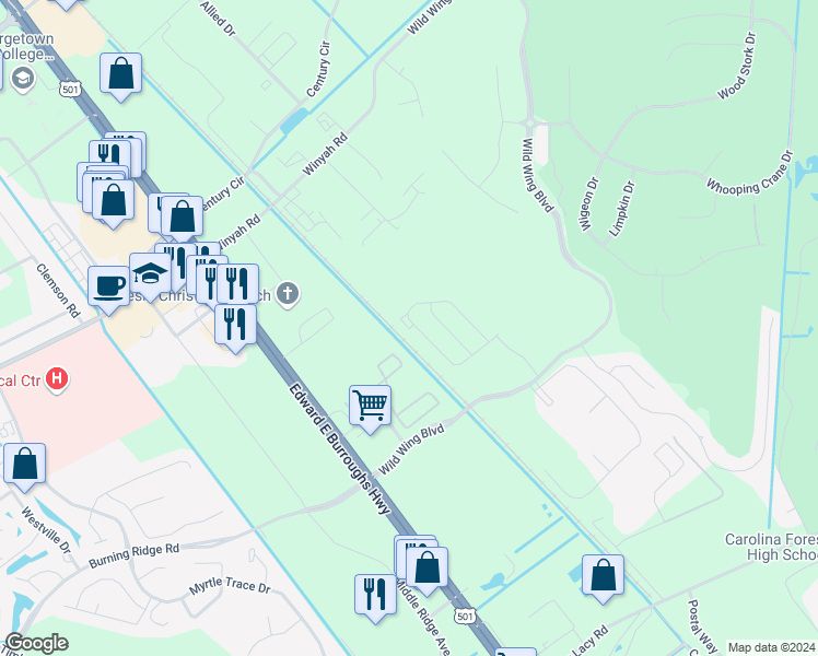 map of restaurants, bars, coffee shops, grocery stores, and more near 1110 Fairway Lane in Conway